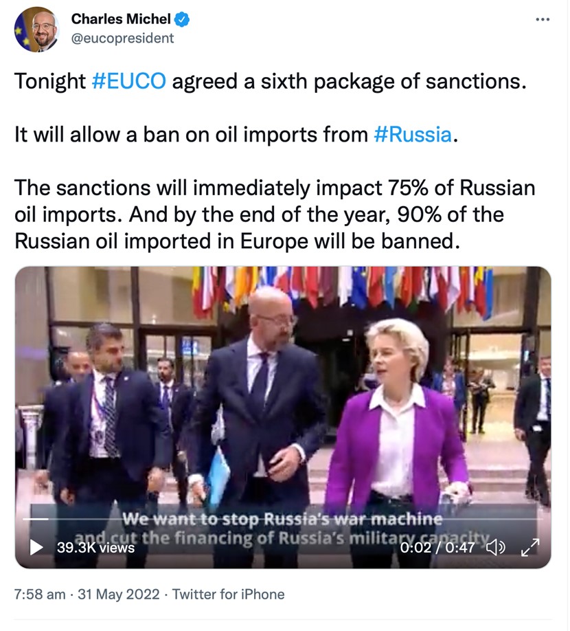 欧洲理事会主席米歇尔推特“官宣”禁油令